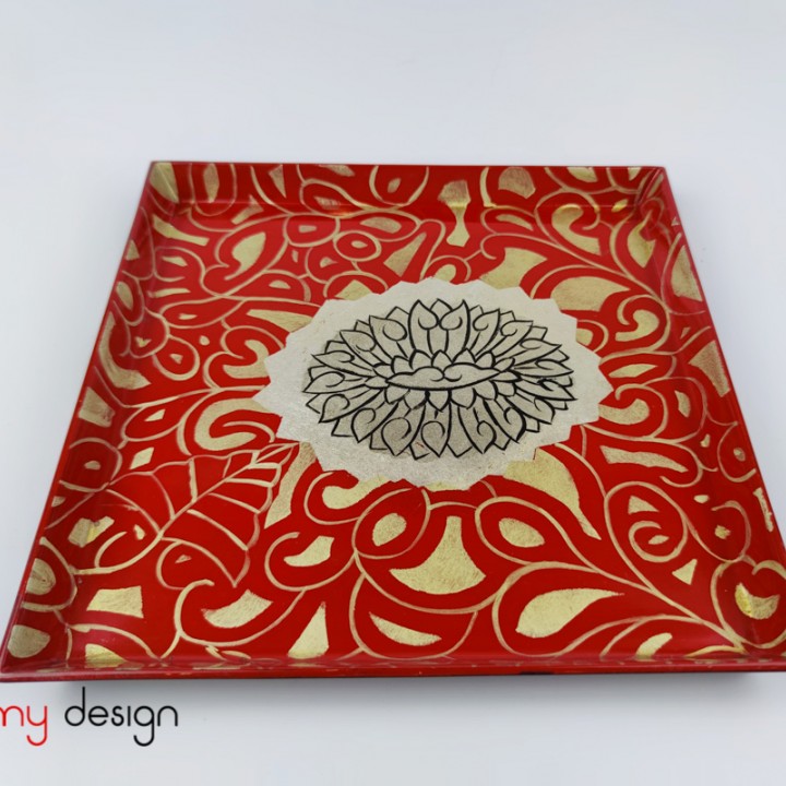 Small red square lacquer tray hand-painted with pattern 22 cm